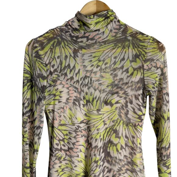 AFRM Shailene Green Abstract Long Sleeve Mesh Turtleneck Midi Dress Size S - Picture 5 of 12